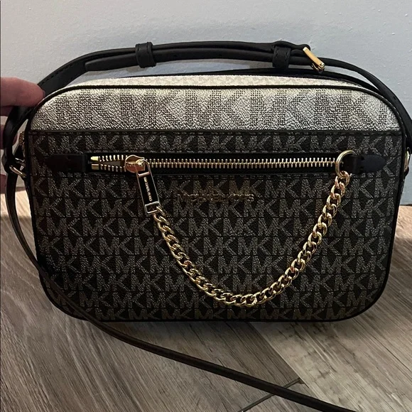 Michael Kors Black and Tan Crossbody Bag with Gold Accents - Picture 2 of 5